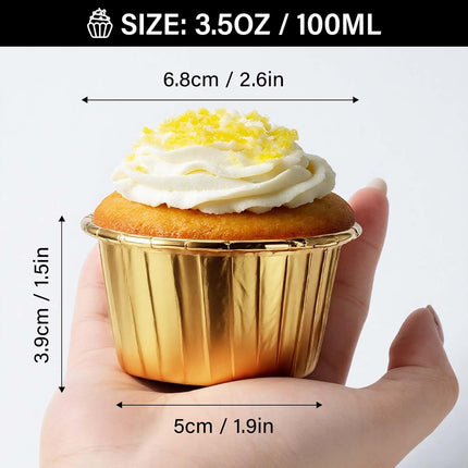 Gold Cupcake Cups, 3.5 Oz 50pcs Disposable Foil Muffin Liners, Gold Cupcake Baking Cups, Ramekin Aluminum Cupcake Tip Pan Ramekin Holders, Little Baking Cups.