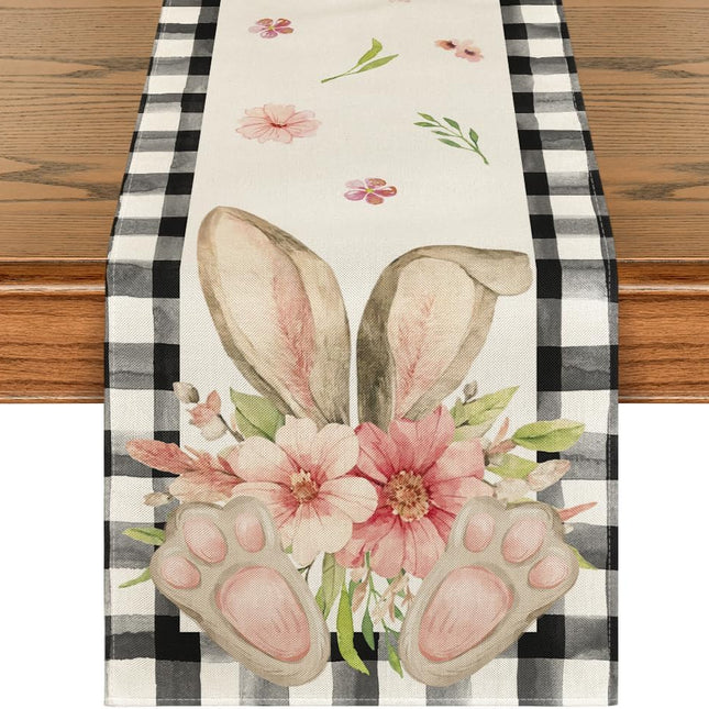 Buffalo Plaid Bunny Ear Foot Flower Easter Table Runner, Seasonal Spring Kitchen Dining Table Decoration for Home Party Decor 13x72 Inch.