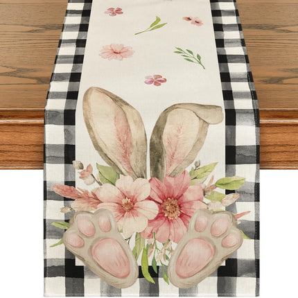 Buffalo Plaid Bunny Ear Foot Flower Easter Table Runner, Seasonal Spring Kitchen Dining Table Decoration for Home Party Decor 13x72 Inch.