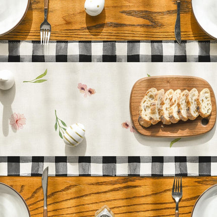 Buffalo Plaid Bunny Ear Foot Flower Easter Table Runner, Seasonal Spring Kitchen Dining Table Decoration for Home Party Decor 13x72 Inch.