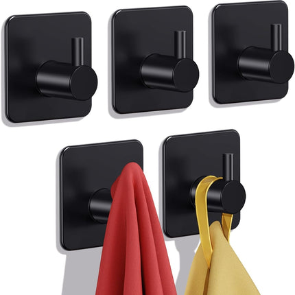 Adhesive Hooks Heavy Duty 22lb(Max) Towel Hooks for Shower, 5 Pack Self Adhesive Damage Free Wall Hooks, Stainless Steel for Coat Robe, Waterproof Oilproof Rustproof for Bathroom Kitchen Office.