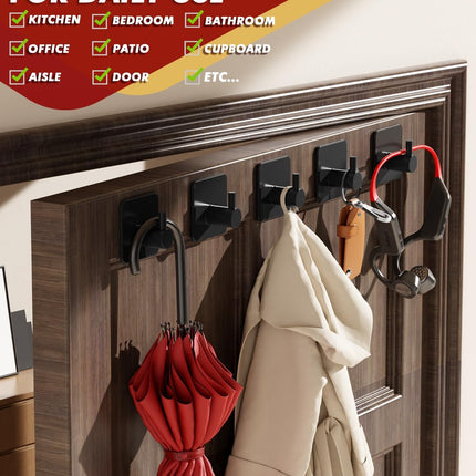 Adhesive Hooks Heavy Duty 22lb(Max) Towel Hooks for Shower, 5 Pack Self Adhesive Damage Free Wall Hooks, Stainless Steel for Coat Robe, Waterproof Oilproof Rustproof for Bathroom Kitchen Office.