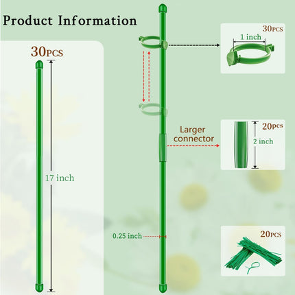 20Pcs Plant Support Stakes 17 inch  Garden Orchid Sticks Extended to 3ft 4ft 5ft Plant Poles with Clips for Indoor Outdoor Potted Tomato Rose Amaryllis Vegetables Comes with 20 Ties.