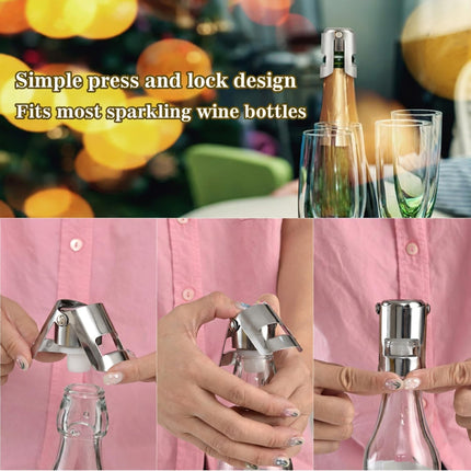 Pack of 6 Stainless Steel Champagne Stoppers, Prosecco, Sparkling Wine Bottle Stopper, Cork.