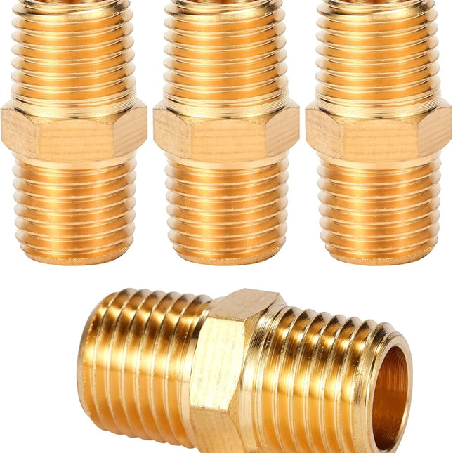 4 pcs Solid Brass Pipe Fitting, Hex Nipple, 1/4" x 1/4" NPT Male Pipe Adapter (O.D x O.D: 1/2'' x 1/2'').