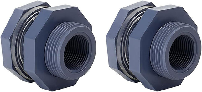 2 Pieces 3/4 Inch PVC Bulkhead Fitting for Water Barrel, Water Tank, Rain Barrels,NPT3/4 female thread(1 inch I.D.) PVC.