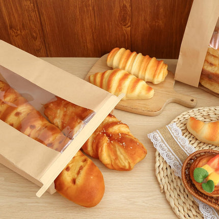 120 Pack Large Paper Bread Bags for Homemade Bread, 13.7x8.3x3.5 Inches, Sourdough Bread Bags with Tin Tie Tab and Clear Front Window, Includes 144 Label Seal Stickers (Brown).
