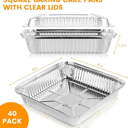 40 Pack 8x8 Inch Aluminum Pans with Clear Plastic Lids - Square Baking Cake Pans - Foil Pans with Lids - Disposable Food Containers Great for Cooking, Heating, Storing, Prepping Food.