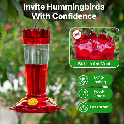 Plastic Hummingbird Feeder, 2-Pack 14 OZ Ant & Bee Proof Hummingbird Feeders for Outdoors Hanging, Leak-Proof Nectar Feeders with 4 Feeding Ports and Perches, Gifts for Mom, Birdlovers.
