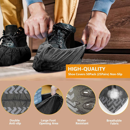Shoe Covers Disposable 50 Pack (25 Pairs) - Durable, Non-Slip, Water Resistant, and Recyclable Boot Covers for Indoor and Outdoor Use - One Size Fits Most (Non-woven-Black).