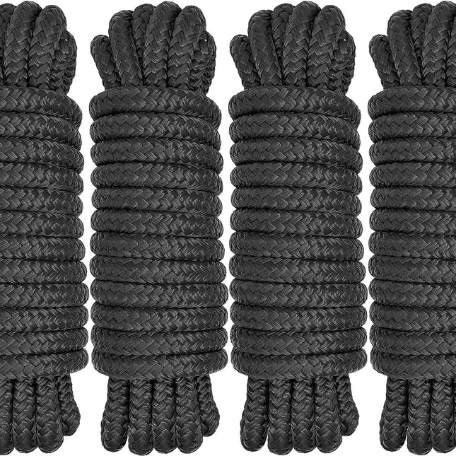 Boat Dock Lines 1/2" x 15' - Double Braided Nylon Boat Ropes for Docking with 12" Loop, Marine-Grade High Strength Boat Lines Dock Rope, Premium Marine Rope Mooring Lines, Easy Handling - 4 Pack,Black.