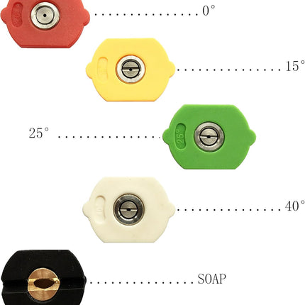 Pressure Washer Spray Nozzle Tips Multiple Degrees, 1/4 inch 5-Pack (2.5 GPM).
