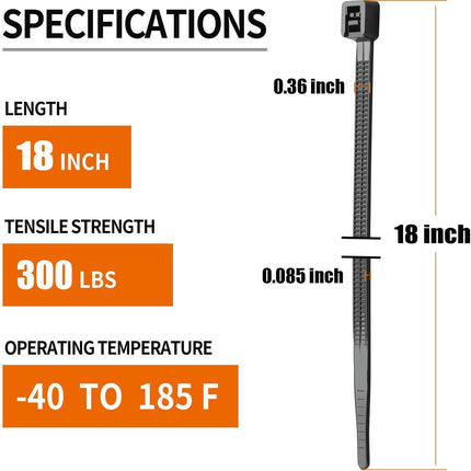 18 Inch Black Zip Ties Heavy Duty 100 Pack Long Cable Ties, 300 LBS Ultra Strong Tensile Strength, Self-Locking UV Resistant for Indoor and Outdoor Use.