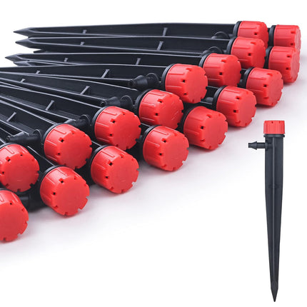 50pcs Drip Emitters for 1/4" Drip Irrigation Tubing, Adjustable 360 Degree Water Flow Drippers on 5" Arrow Stake, Garden Irrigation Drippers for (4-7mm) Watering System.