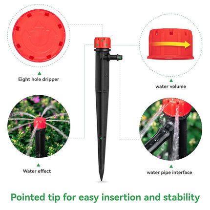 50pcs Drip Emitters for 1/4" Drip Irrigation Tubing, Adjustable 360 Degree Water Flow Drippers on 5" Arrow Stake, Garden Irrigation Drippers for (4-7mm) Watering System.