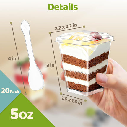20 Pack 5 Oz Plastic Dessert Cups with Lids and Spoons, Yogurt Parfait Appetizer Cups for Party, Clear Mini Dessert Shooter Cups with Spoons for Pudding Fruit Trifle Ice Cream.