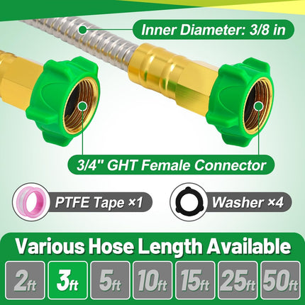 3ft Short Garden Hose with Female to Female Connector - Metal Leakproof Leader Hose for Hose Reel, Heavy Duty 304 Stainless Steel Flexible Hose for Outdoor Garden Watering Car Pet Cleaning.