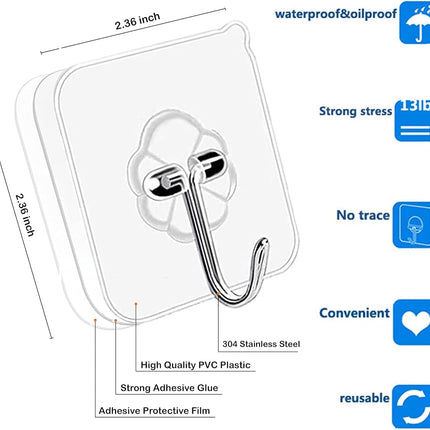 Adhesive Hooks Kitchen Wall Hooks - 24 Packs Heavy Duty 24lb(Max) Nail Free Transparent,Waterproof,Sticky Stainless Hangers for Keys,Bathroom, Shower, Outdoor, Kitchen,Door,Home Improvement,Utility.