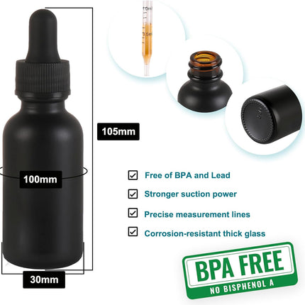 24 Pack,1oz Glass Dropper Bottle, Frosted Black Tincture Bottles with Dropper,Pretty Finish for All Kinds of Liquids,Oil Bottles for Hair- Stronger Suction ideal for Leakproof Travel.
