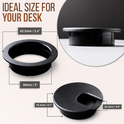 Desk Grommet 2 Inch (50 mm) Pack of 5-Black ABS Plastic Cable Hole Cover to Arrange Wires & Cords Through Computer Table/Countertops.