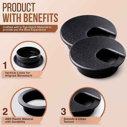 Desk Grommet 2 Inch (50 mm) Pack of 5-Black ABS Plastic Cable Hole Cover to Arrange Wires & Cords Through Computer Table/Countertops.