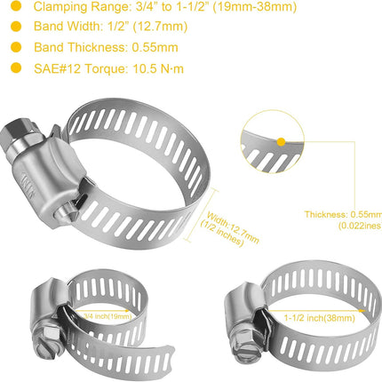 Stainless Steel Hose Clamps - 16 Pack Worm Gear Drive Hose Clamps SAE 16 Clamping Range 3/4 Inch to 1-1/2 Inch (19mm-38mm) for Automotive Plumbing, 3/4'', 1'', 1 1/4'' Clamps.