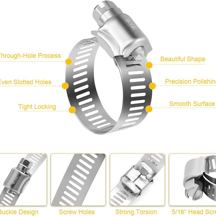Stainless Steel Hose Clamps - 16 Pack Worm Gear Drive Hose Clamps SAE 16 Clamping Range 3/4 Inch to 1-1/2 Inch (19mm-38mm) for Automotive Plumbing, 3/4'', 1'', 1 1/4'' Clamps.