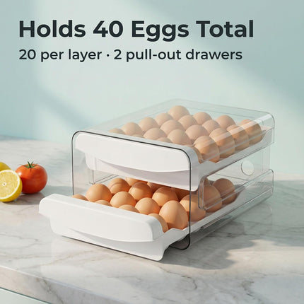 Egg Holder for Fridge, 2-Tier Stackable 40 Eggs Organizer Drawer for Refrigerator, Space-Saving Egg Container, Clear Plastic Egg Tray for Kitchen Storage.
