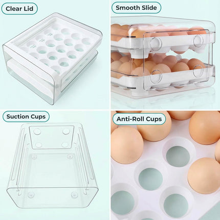 Egg Holder for Fridge, 2-Tier Stackable 40 Eggs Organizer Drawer for Refrigerator, Space-Saving Egg Container, Clear Plastic Egg Tray for Kitchen Storage.