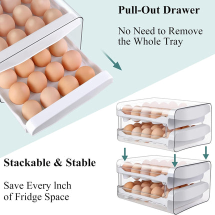 Egg Holder for Fridge, 2-Tier Stackable 40 Eggs Organizer Drawer for Refrigerator, Space-Saving Egg Container, Clear Plastic Egg Tray for Kitchen Storage.