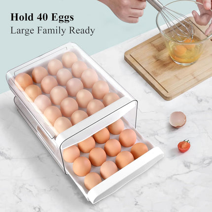 Egg Holder for Fridge, 2-Tier Stackable 40 Eggs Organizer Drawer for Refrigerator, Space-Saving Egg Container, Clear Plastic Egg Tray for Kitchen Storage.