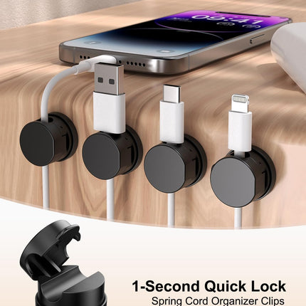12 Pack 360° Rotatable Spring Cable Clips[1s Lock], Adhesive Cord Holder for Nightstand, Phone Charger Cord Holder for Desk Home Office Car Game Station.