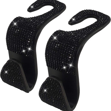 2 Pack Car Hooks, 2021 New Bling Rhinestones Crystal Hooks Car Decorations Auto Seat Back Organizers Strong and Durable Backseat Hanger Storage Universal for SUV Truck Vehicle (Black).