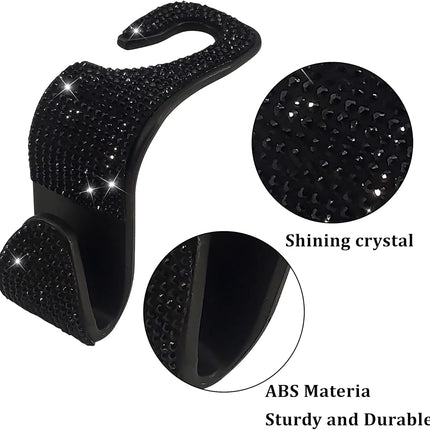 2 Pack Car Hooks, 2021 New Bling Rhinestones Crystal Hooks Car Decorations Auto Seat Back Organizers Strong and Durable Backseat Hanger Storage Universal for SUV Truck Vehicle (Black).