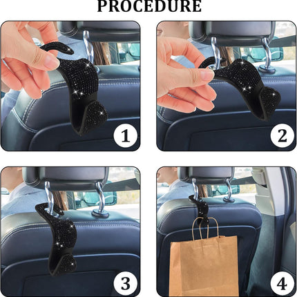 2 Pack Car Hooks, 2021 New Bling Rhinestones Crystal Hooks Car Decorations Auto Seat Back Organizers Strong and Durable Backseat Hanger Storage Universal for SUV Truck Vehicle (Black).