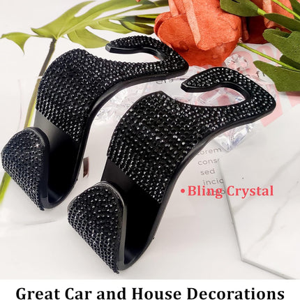 2 Pack Car Hooks, 2021 New Bling Rhinestones Crystal Hooks Car Decorations Auto Seat Back Organizers Strong and Durable Backseat Hanger Storage Universal for SUV Truck Vehicle (Black).