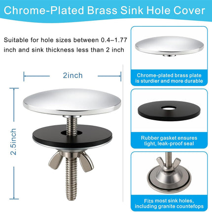2-Inch Faucet Hole Cover, Sink Hole Cover, Solid Brass Chrome-Plated Kitchen Sink Tap Hole Plate Stopper Cover for Home Kitchen and Bathroom, Kitchen Sink Hole Covers (Silver).