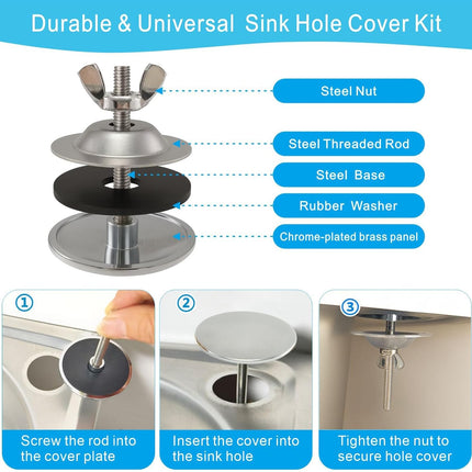 2-Inch Faucet Hole Cover, Sink Hole Cover, Solid Brass Chrome-Plated Kitchen Sink Tap Hole Plate Stopper Cover for Home Kitchen and Bathroom, Kitchen Sink Hole Covers (Silver).