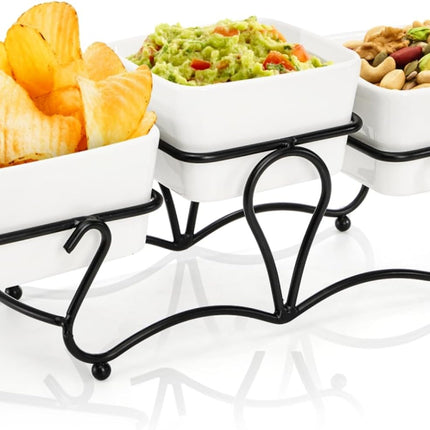 10 OZ Square Bowl Chip & Dip Serving Set, 3 Pieces Ceramic Condiment Server with Metal Stand, Dish Tray for Party Entertaining, Small Snack Platters Side Appetizer Nuts.