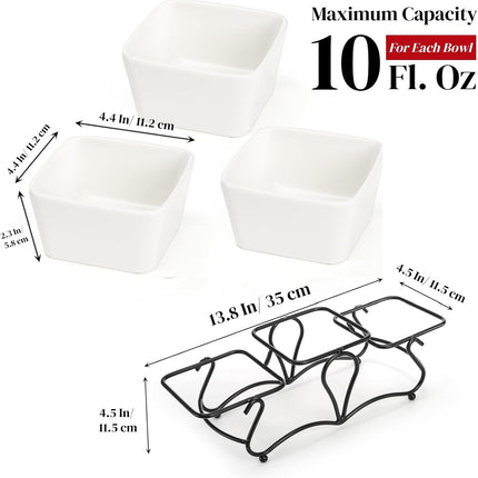 10 OZ Square Bowl Chip & Dip Serving Set, 3 Pieces Ceramic Condiment Server with Metal Stand, Dish Tray for Party Entertaining, Small Snack Platters Side Appetizer Nuts.