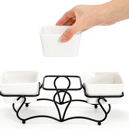 10 OZ Square Bowl Chip & Dip Serving Set, 3 Pieces Ceramic Condiment Server with Metal Stand, Dish Tray for Party Entertaining, Small Snack Platters Side Appetizer Nuts.