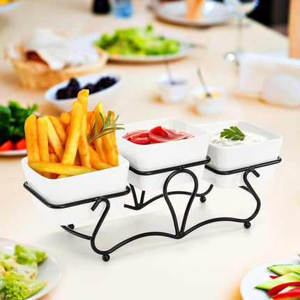 10 OZ Square Bowl Chip & Dip Serving Set, 3 Pieces Ceramic Condiment Server with Metal Stand, Dish Tray for Party Entertaining, Small Snack Platters Side Appetizer Nuts.