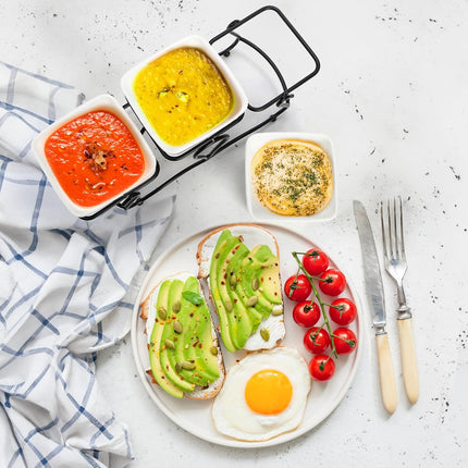10 OZ Square Bowl Chip & Dip Serving Set, 3 Pieces Ceramic Condiment Server with Metal Stand, Dish Tray for Party Entertaining, Small Snack Platters Side Appetizer Nuts.
