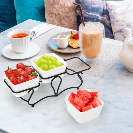 10 OZ Square Bowl Chip & Dip Serving Set, 3 Pieces Ceramic Condiment Server with Metal Stand, Dish Tray for Party Entertaining, Small Snack Platters Side Appetizer Nuts.