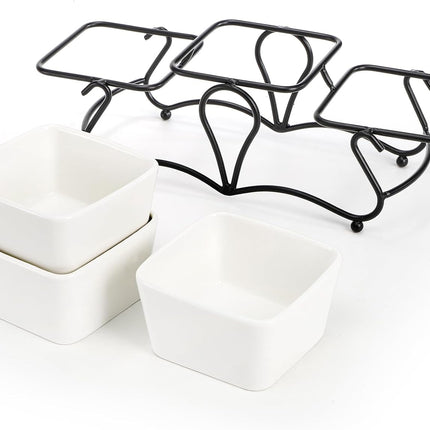 10 OZ Square Bowl Chip & Dip Serving Set, 3 Pieces Ceramic Condiment Server with Metal Stand, Dish Tray for Party Entertaining, Small Snack Platters Side Appetizer Nuts.