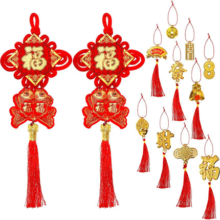 12 Pcs Chinese Knots, New Year Decoration Fu Character 3D Twin Fish Charm Tassel, Knotting Pendant Cord for Spring Festival Lunar Snake, Lucky Felt Hanging Ornament Home Office.