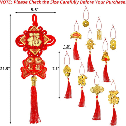 12 Pcs Chinese Knots, New Year Decoration Fu Character 3D Twin Fish Charm Tassel, Knotting Pendant Cord for Spring Festival Lunar Snake, Lucky Felt Hanging Ornament Home Office.