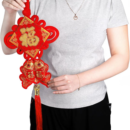 12 Pcs Chinese Knots, New Year Decoration Fu Character 3D Twin Fish Charm Tassel, Knotting Pendant Cord for Spring Festival Lunar Snake, Lucky Felt Hanging Ornament Home Office.