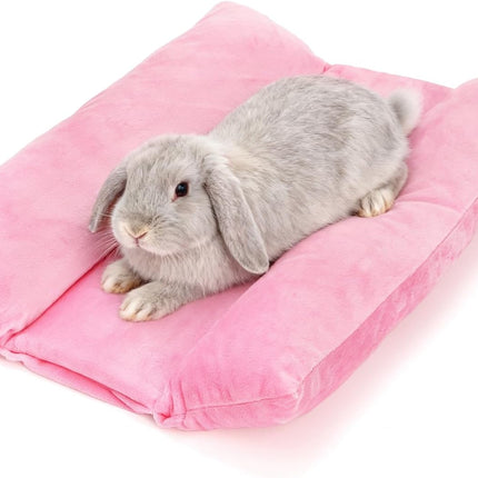 16" x 12" Soft Bunny Bed, Thick Rabbits Concave Beds, Reversible Cuddle Cushion Plush Mat with Cotton Lounger Pillows, Washable Fleece Flop Bedding for Guinea Pig, Ferret, Small Animals.