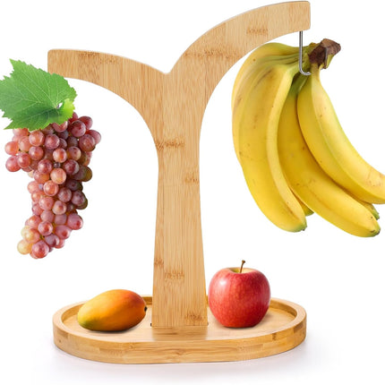Double Hooks Banana Hanger Stand, 14 Inch Wood Holder, Stable Keeper for Kitchen Countertop.